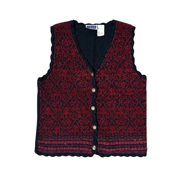 Vintage Vest 1990s Chenille Knit Black Red Button Up Scalloped Edges Small Korea - Picture 2 of 9